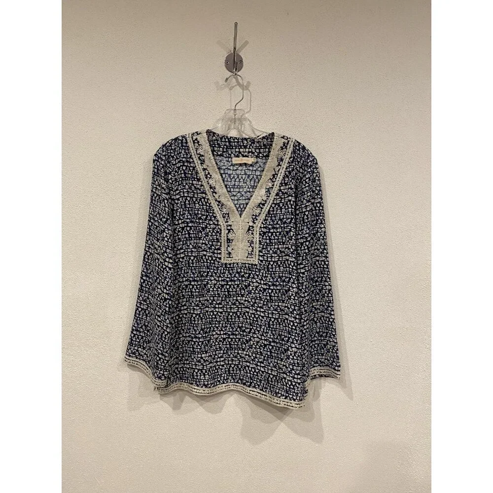 Tory Burch Blouse Womens Size 10 Blue Geometric Tunic Long Sleeve Crochet Trim